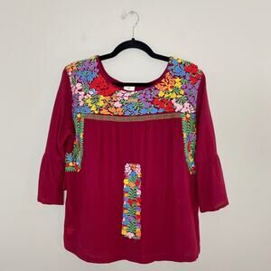 J. Marie Bridget Embroidered Bell Sleeve Burgundy Red Blouse Top Size Medium